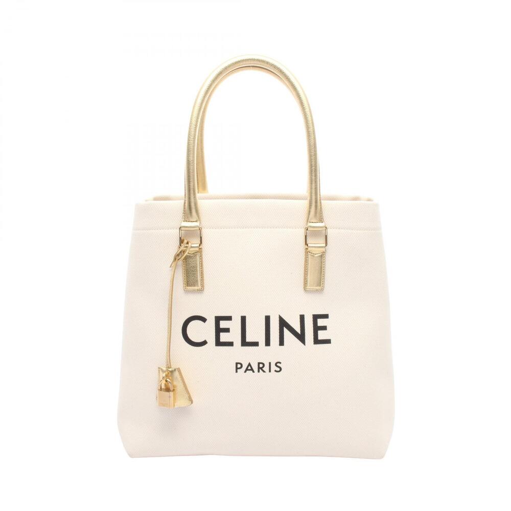 Celine Horizontal Cabas Tote Bag Canvas Leather White Gold Tone